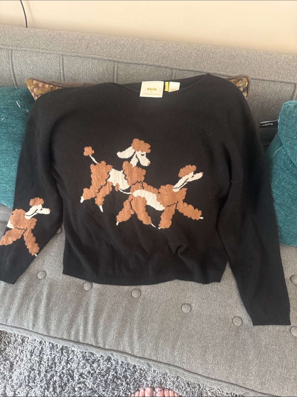 Anthropologie Black Crewneck Sweater with Brown and Cream Poodle Motif
